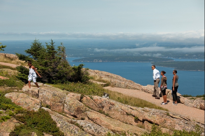 President Barack Obama and his family hike on Cadillac Mountain at Acadia National Park in Maine, July 16, 2010. (Official White House Photo by Pete Souza)